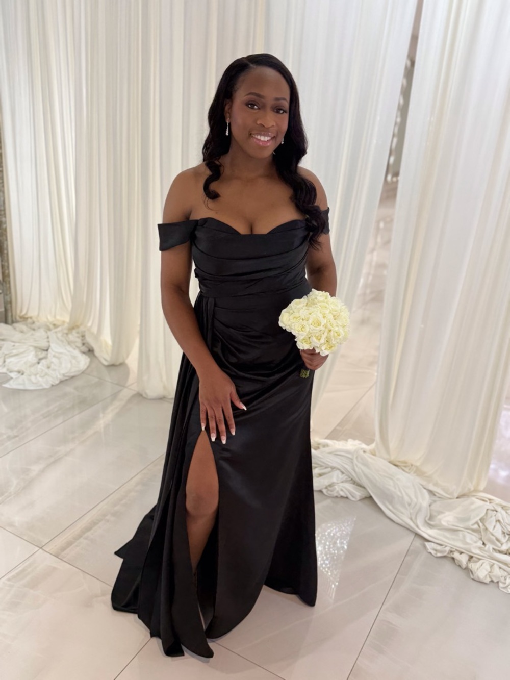 JJs House Black Off-the-Shoulder Satin Evening Gown